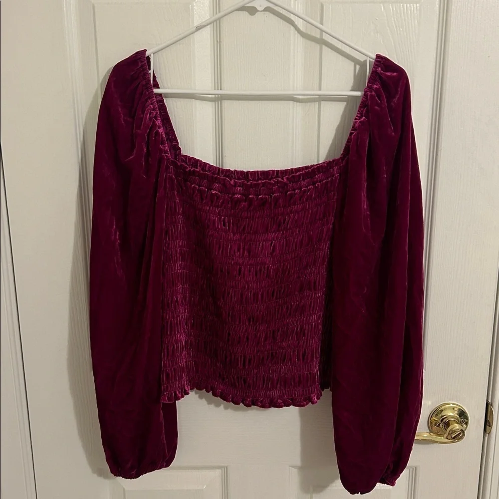 Anthropologie Velvet Smocked Puff Sleeve Peasant Top In Pink/Rose NWT Size Large